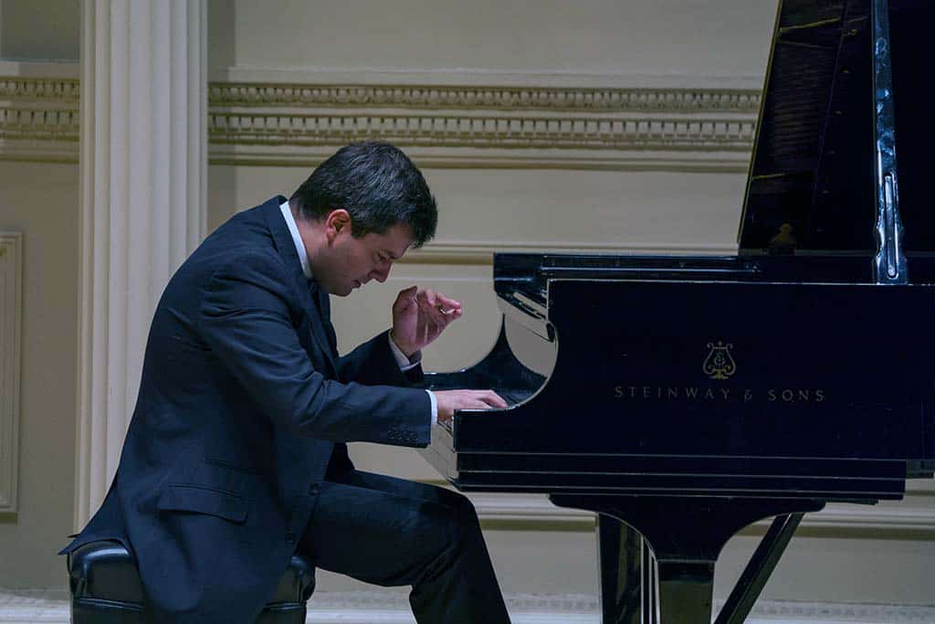 Photograph of Florian playing on stage at Carnegie Hall New York